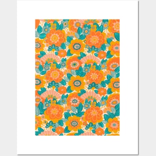 Orange Floral Print Posters and Art